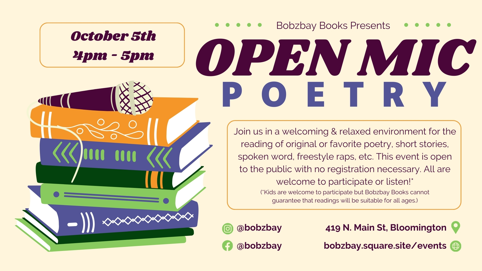 October Open Mic Poetry at Bobzbay Books