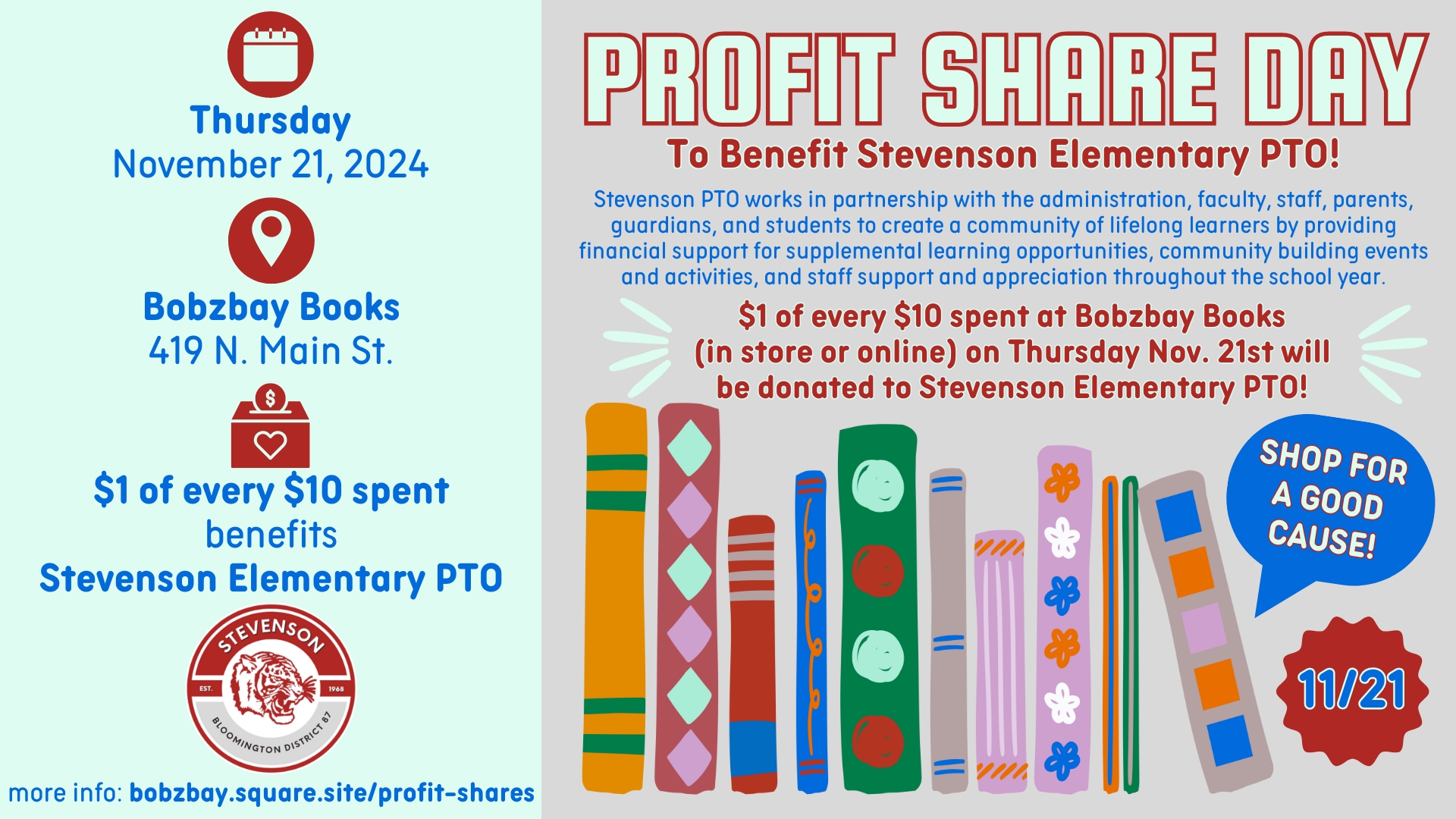 Profit Share Day Benefitting Stevenson Elementary PTO at Bobzbay Books