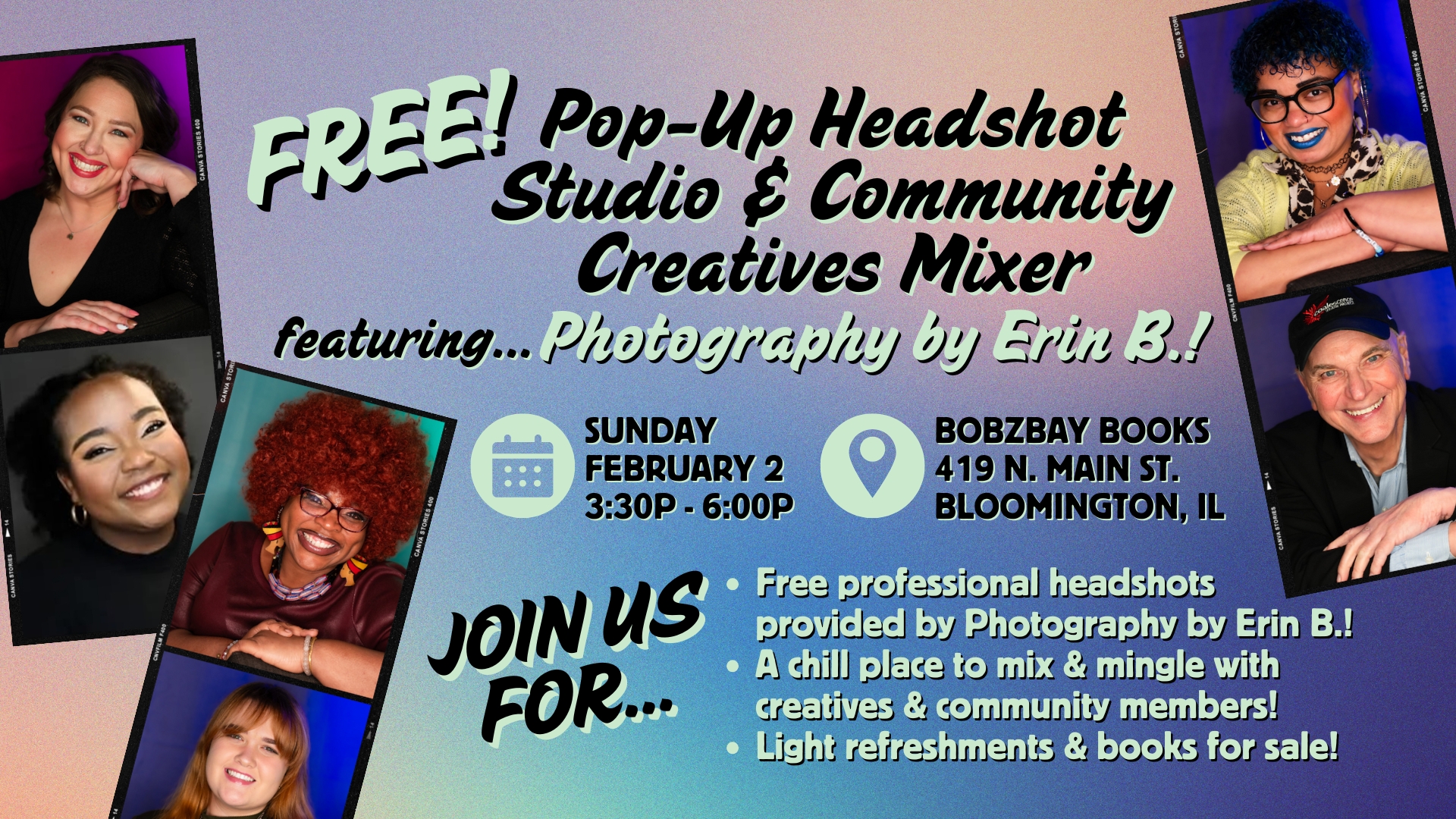 FREE Pop-Up Headshot Studio & Community Creatives Mixer at Bobzbay Books featuring Photography by Erin B.