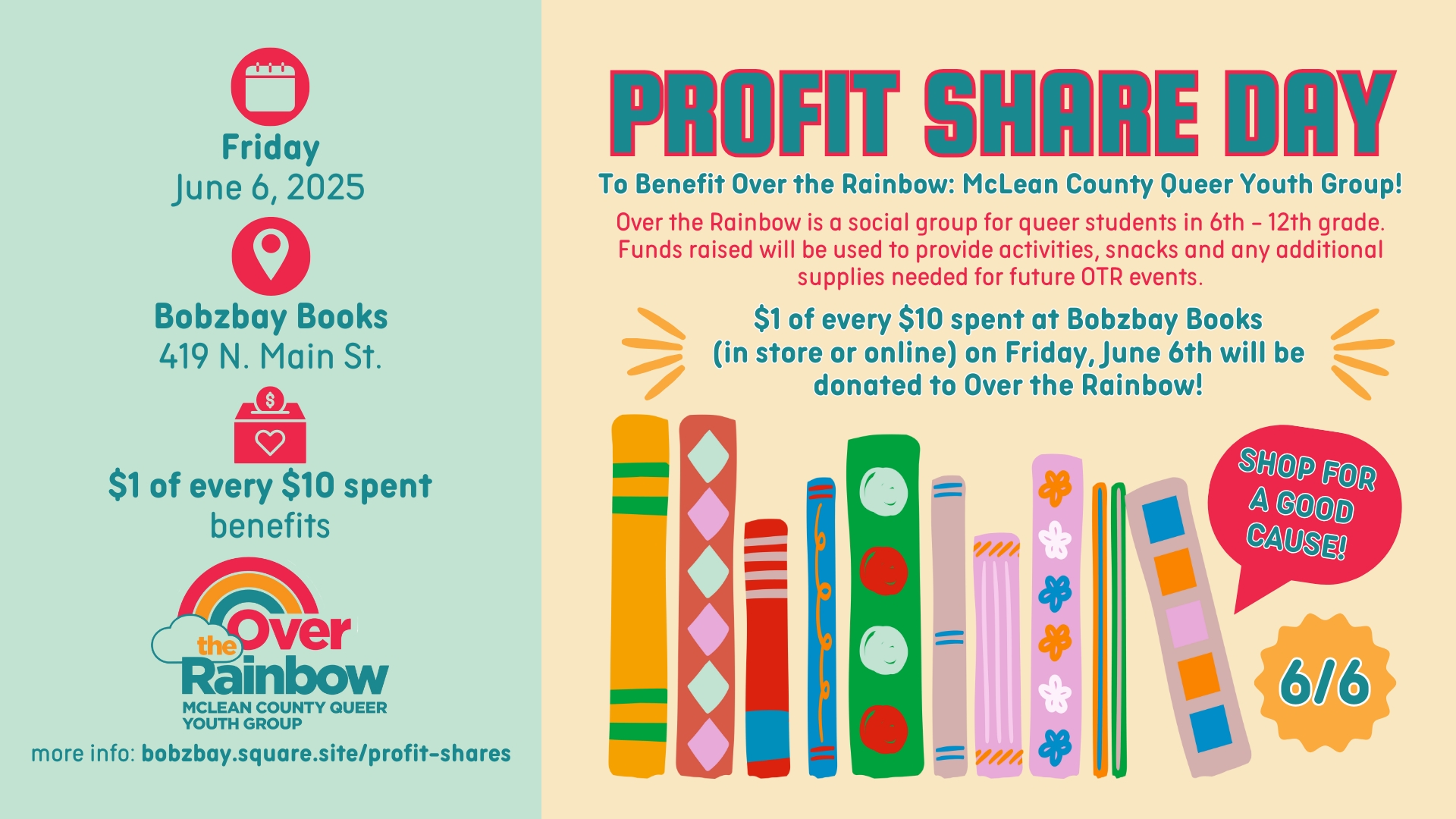 Profit Share Day Benefitting Over the Rainbow Youth Group at Bobzbay Books